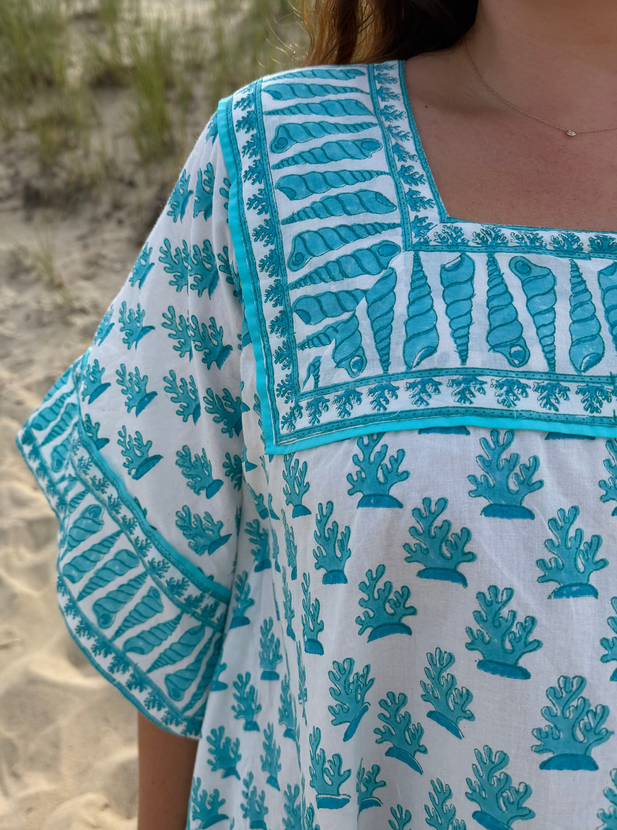 Square Neck Beach Kaftan Short | Azure Blue Coral