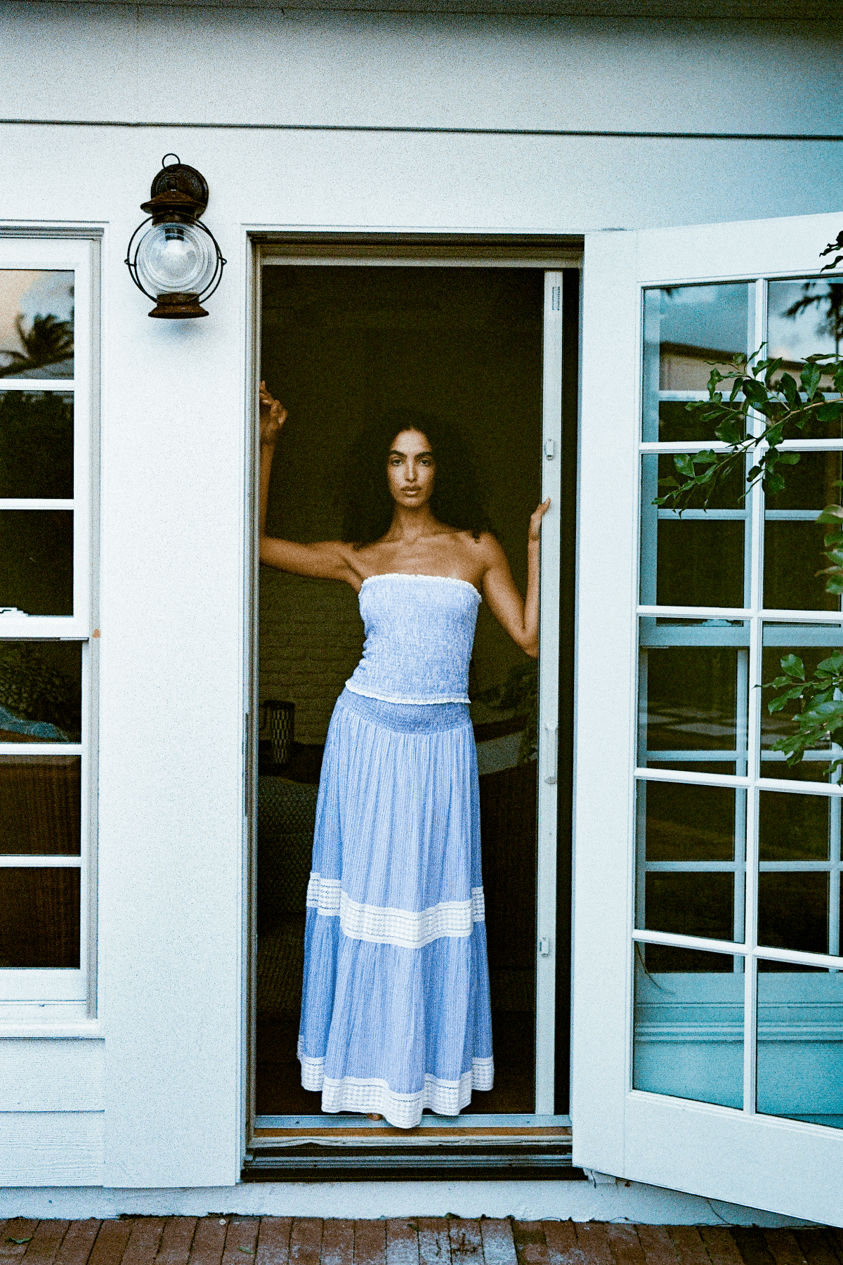 SUE SARTOR Flounce Smocked Waist Skirt | Blue/White Pinstripe Trellis Lace