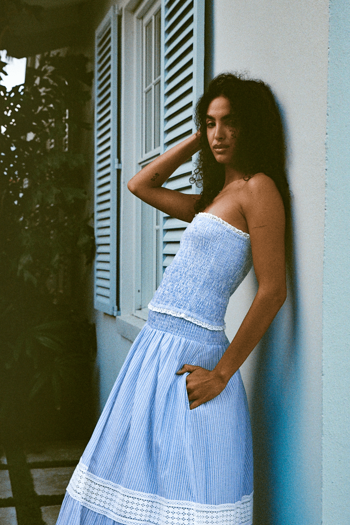 Strapless Bandeau Top | Blue/White Pinstripe Trellis Lace