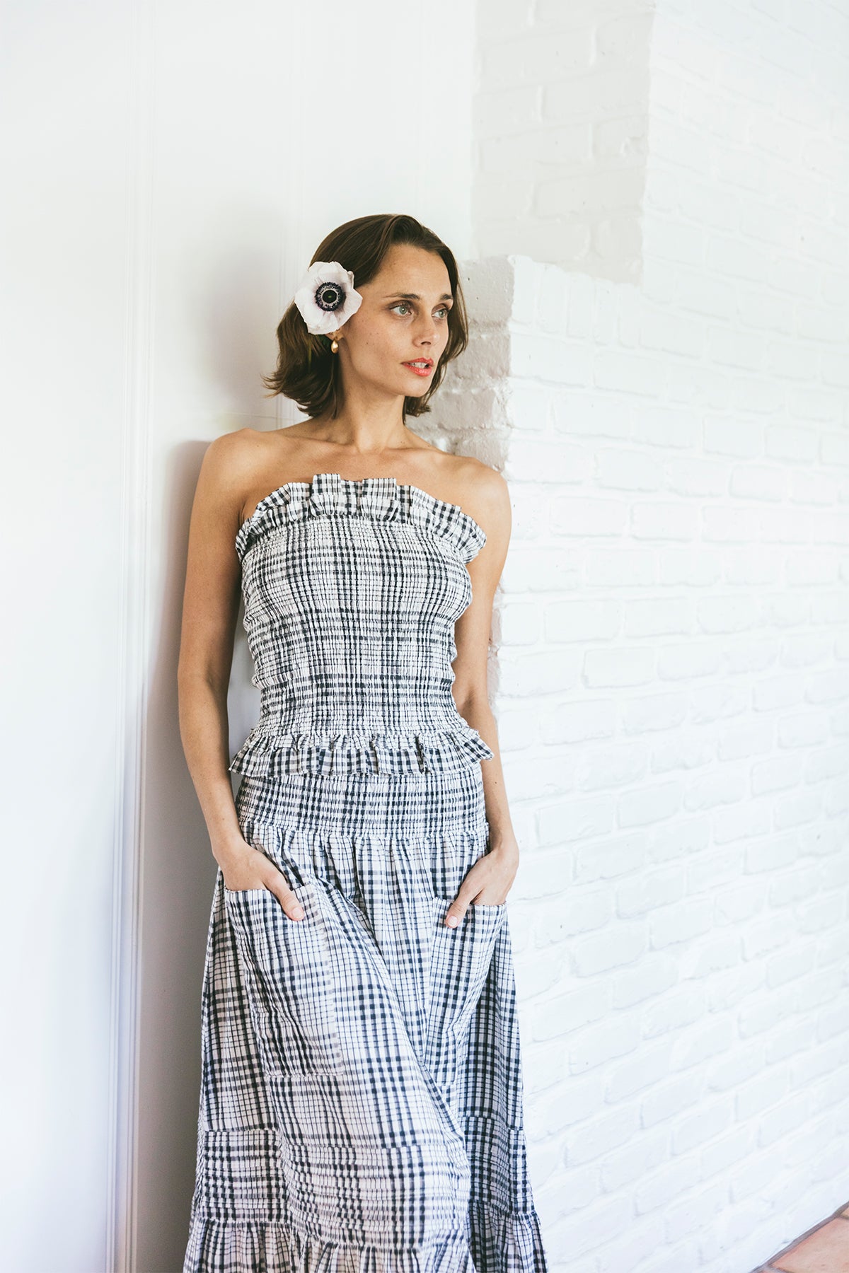 Strapless Bandeau Top | Noir et Blanc Cannes Windowpane