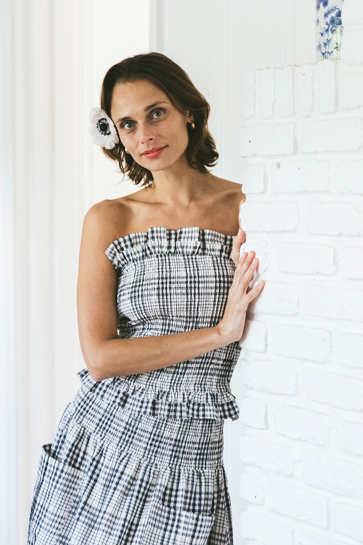 Strapless Bandeau Top | Noir et Blanc Cannes Windowpane