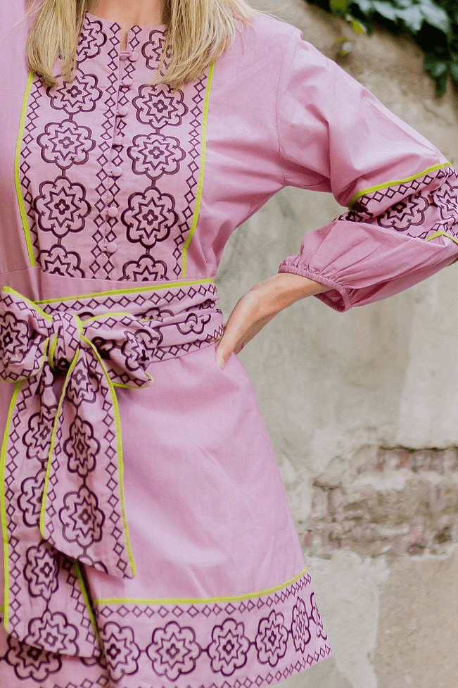 Jewel Neck SUE SARTOR Flounce Mini | Foxglove/Chestnut Embroidery