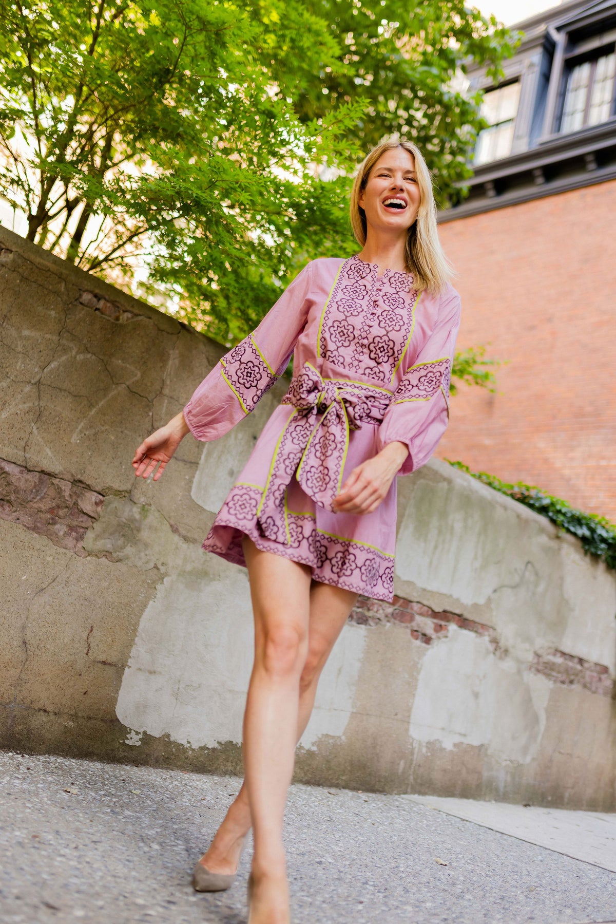 Jewel Neck SUE SARTOR Flounce Mini | Foxglove/Chestnut Embroidery