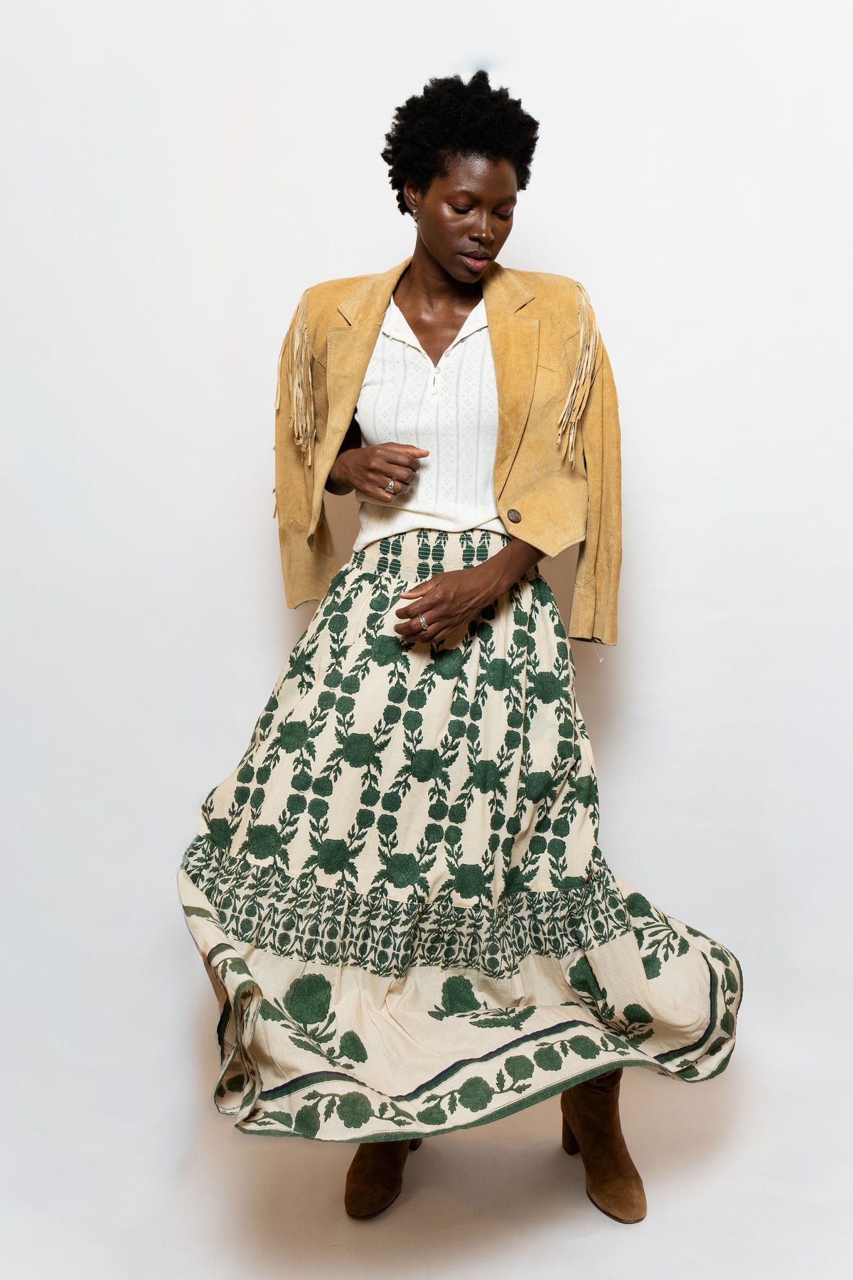 SUE SARTOR Flounce Smocked Waist Skirt | Olive Marigold