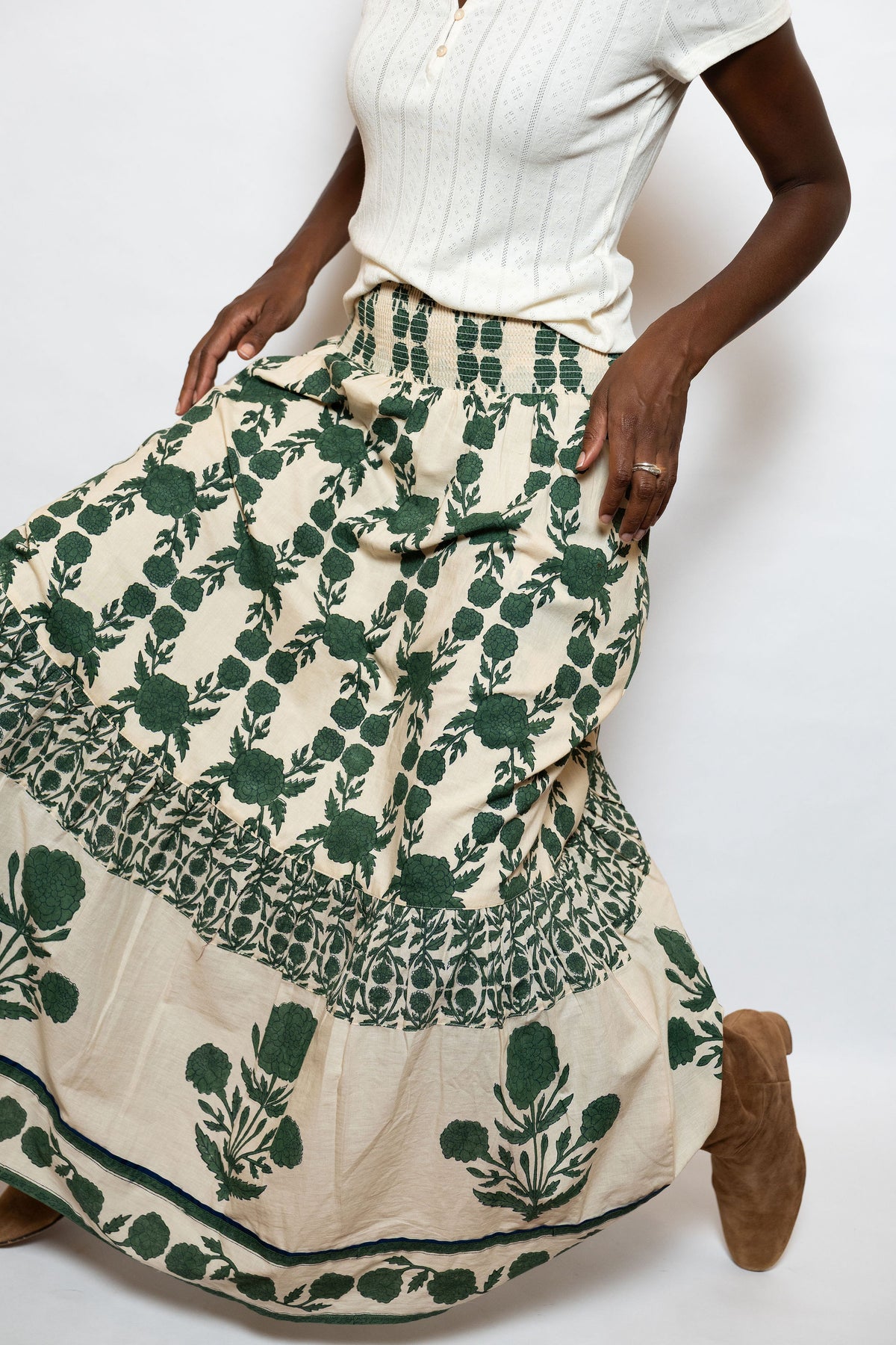 SUE SARTOR Flounce Smocked Waist Skirt | Olive Marigold