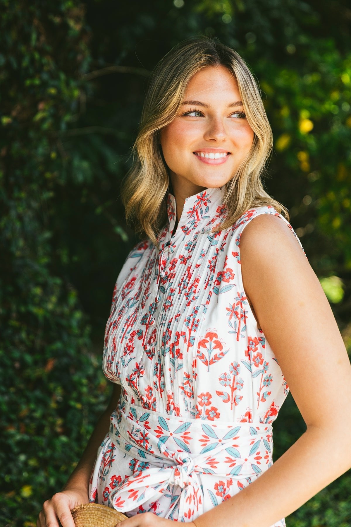 Sleeveless SUE SARTOR Flounce Mini | Aqua/Heirloom Tomato Provence