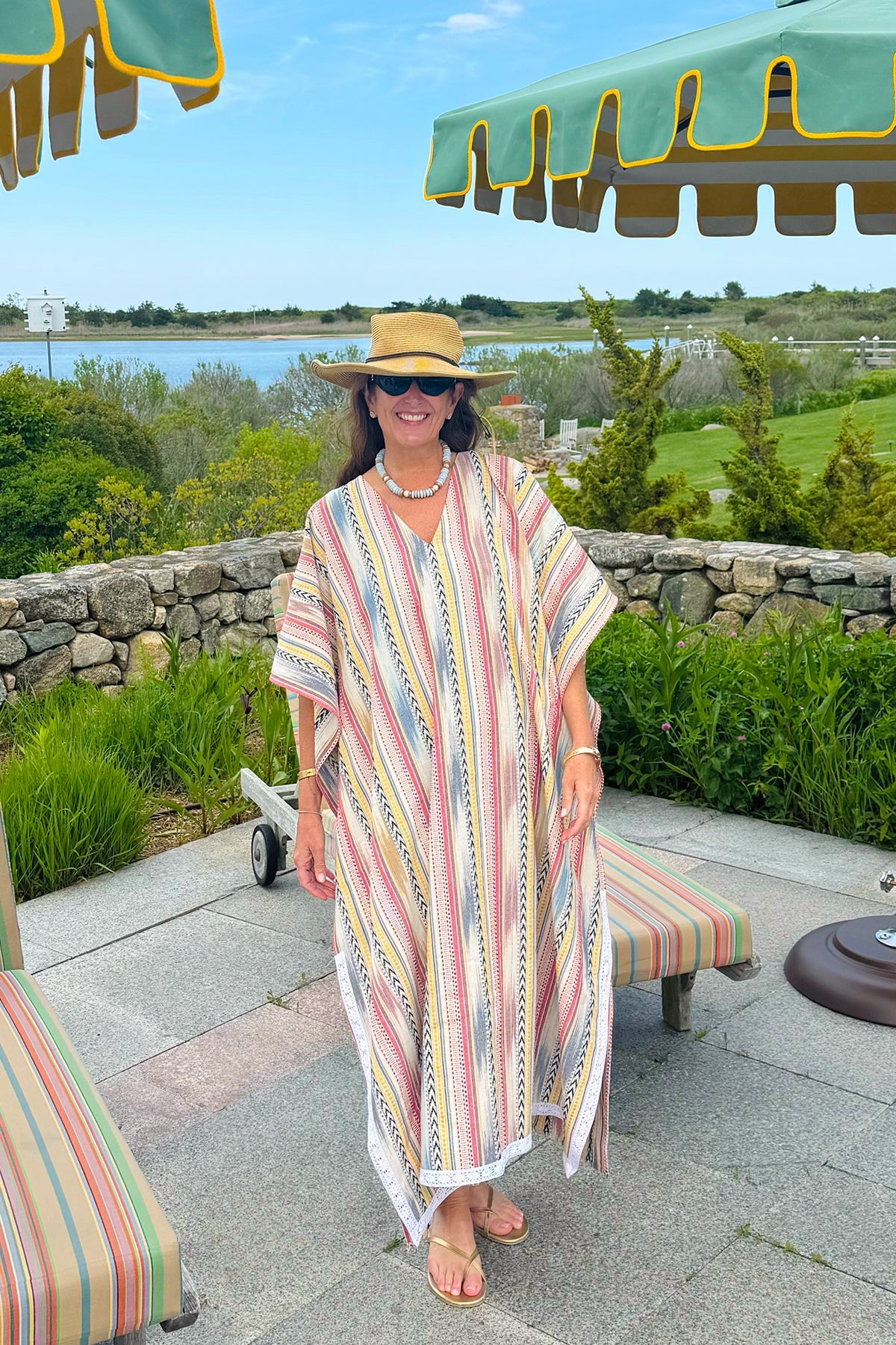 V-Neck Beach Kaftan Long | Cap Ferrat Ikat Stripe