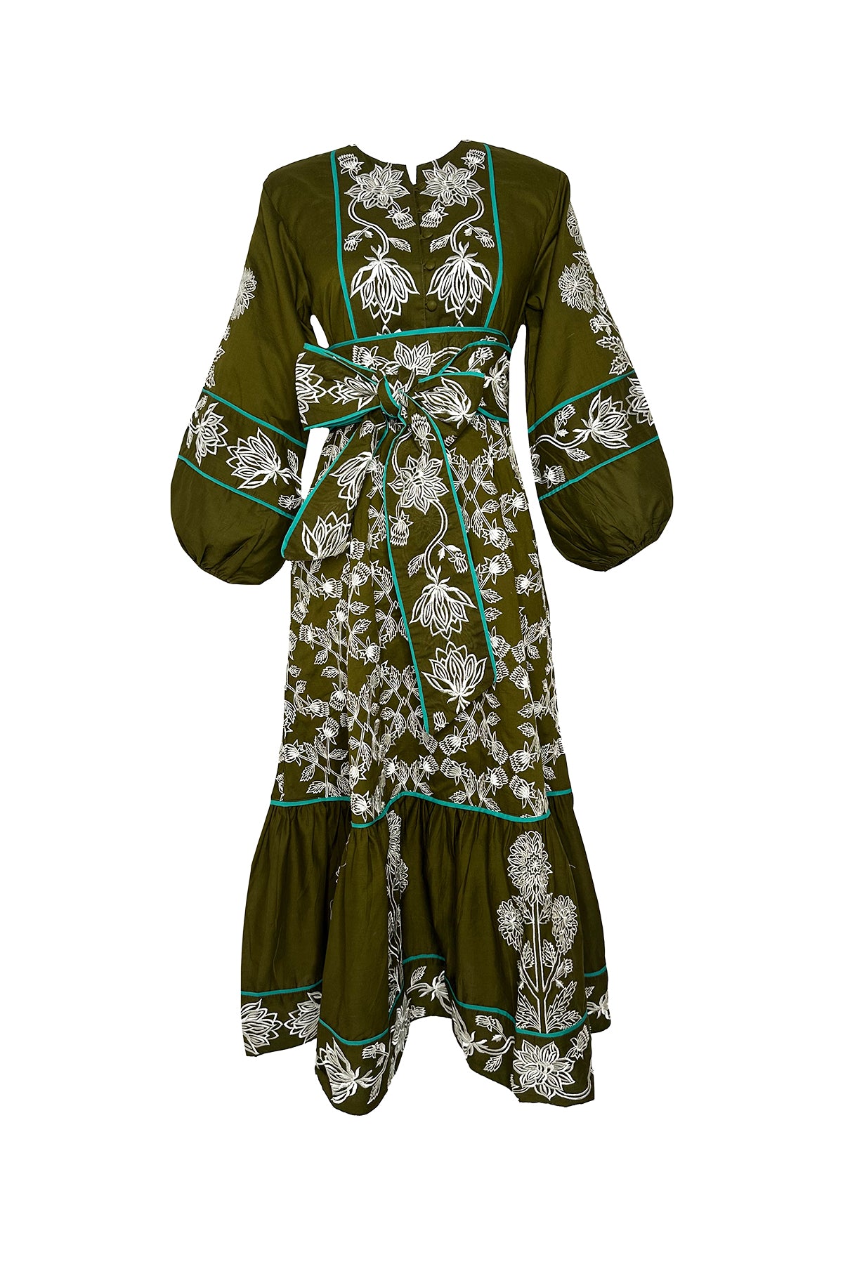 Jewel Neck SUE SARTOR Flounce | Olive/Ivory Fall Blooms Embroidery