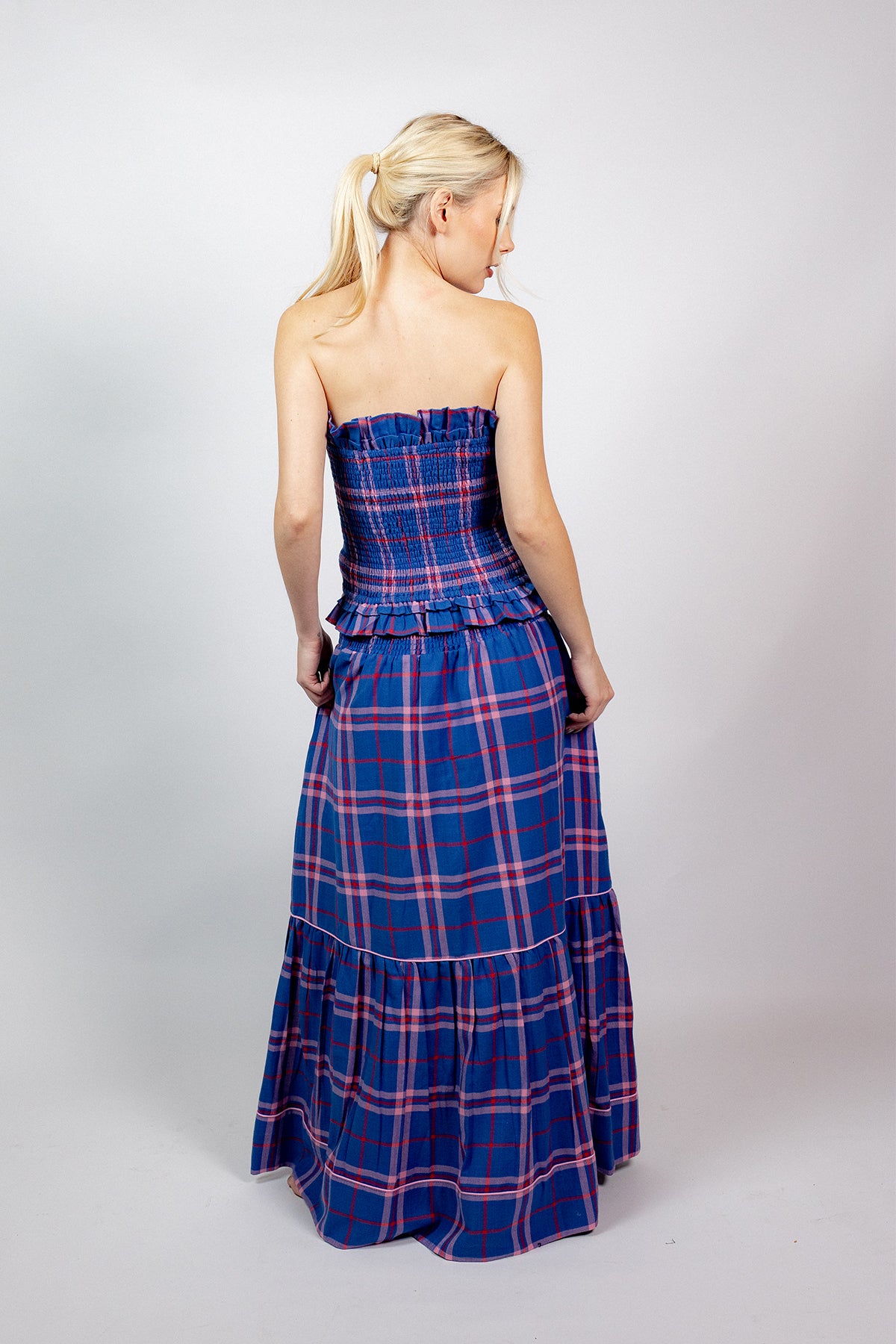 SUE SARTOR Flounce Smocked Waist Skirt | Cobalt/Roseberry Islay Tartan