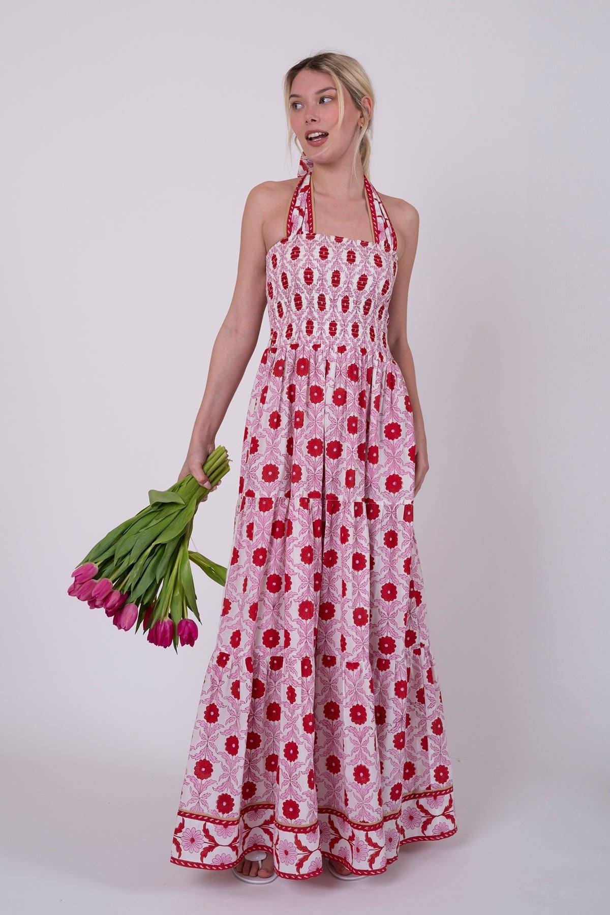 Smocked Halter Dress | Red/Blush Cosmos