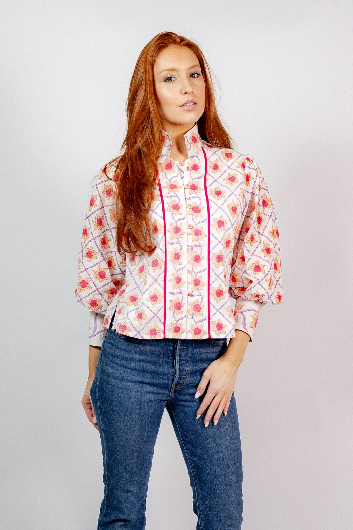 Boxy Balloon Sleeve Top | Fuchsia/Apricot Daffodil