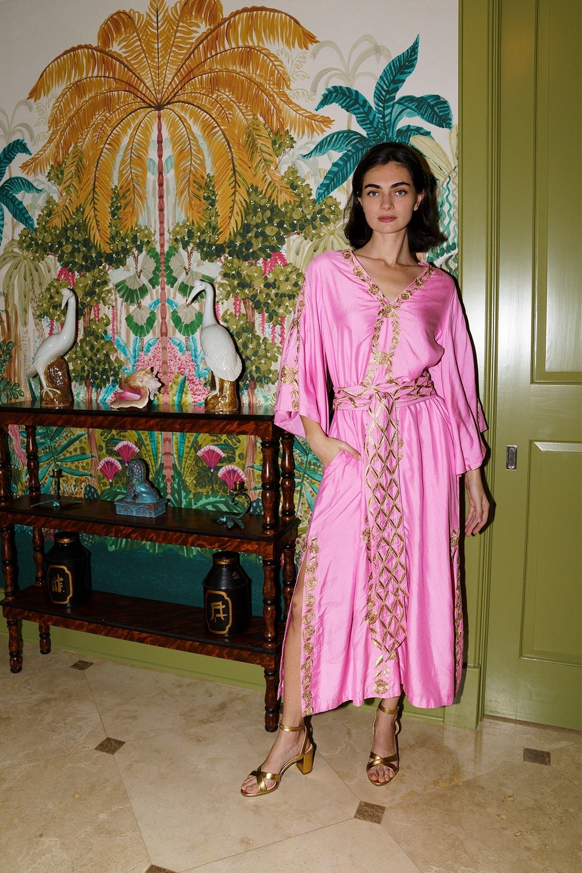 SS Kaftan | Bubble/Gold Hand-Loom Silk SUE SARTOR Marigold Embroidery