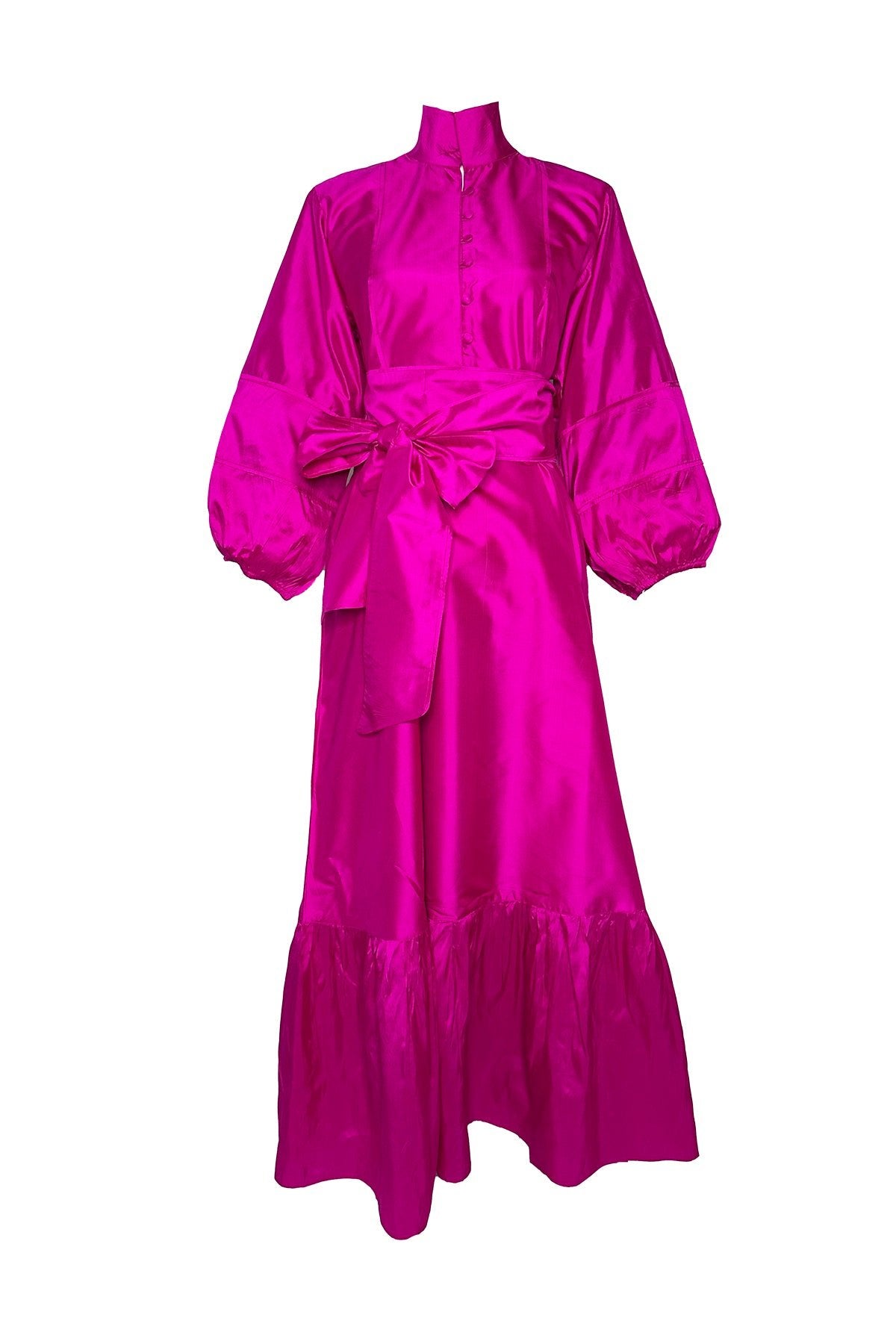 Sue Sartor Vestido largo plisado con volantes™️ | Tafetán de seda cruda niebla