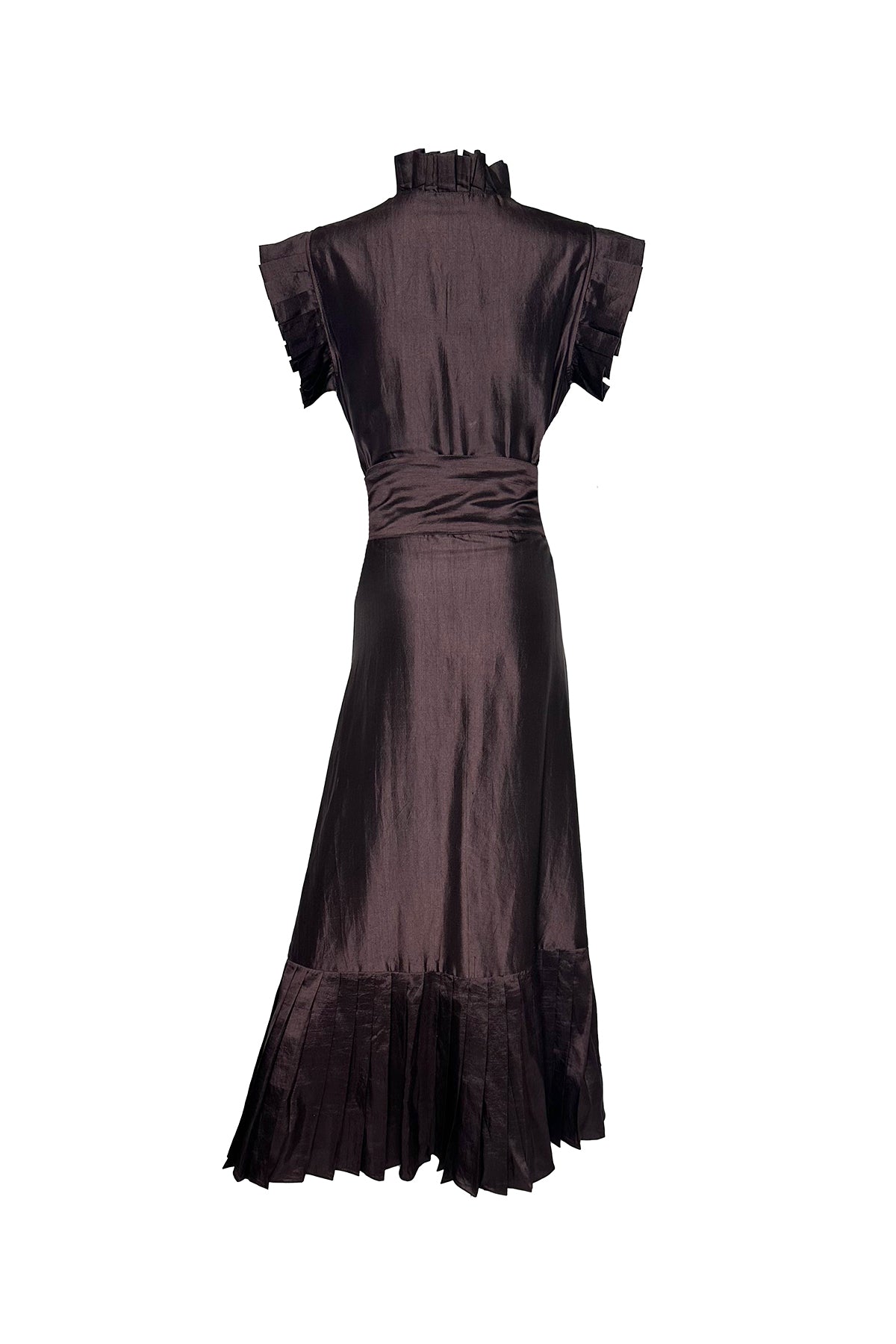 Pleated Sleeveless SUE SARTOR Flounce Maxi | Chocolate Silk Taffeta