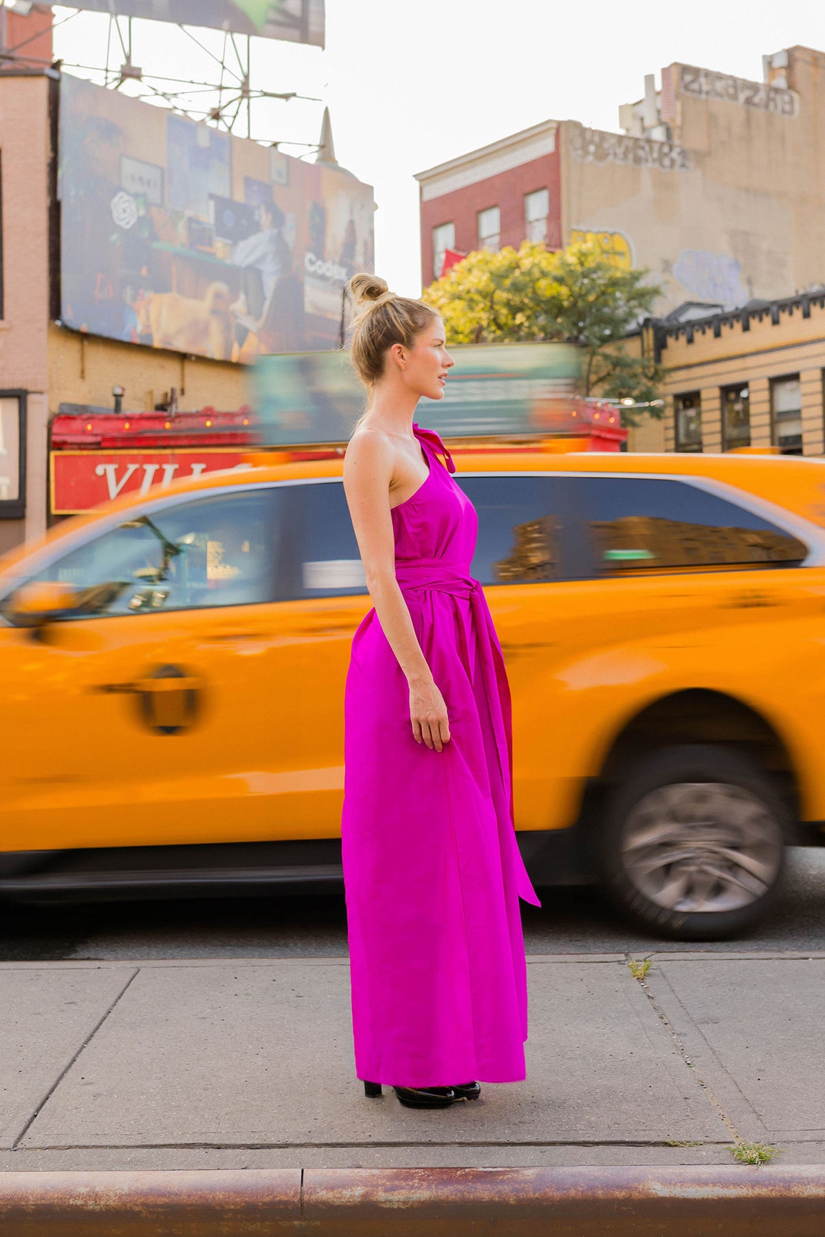 Chelsea One-Shoulder Gown | Fuchsia Silk Taffeta