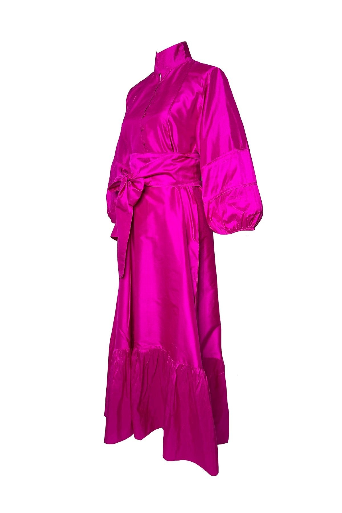 Sue Sartor Vestido largo plisado con volantes™️ | Tafetán de seda cruda niebla