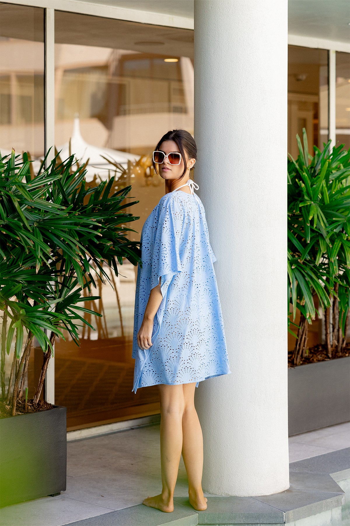 V-Neck Beach Kaftan Short | Cornflower Scallop Shell Eyelet