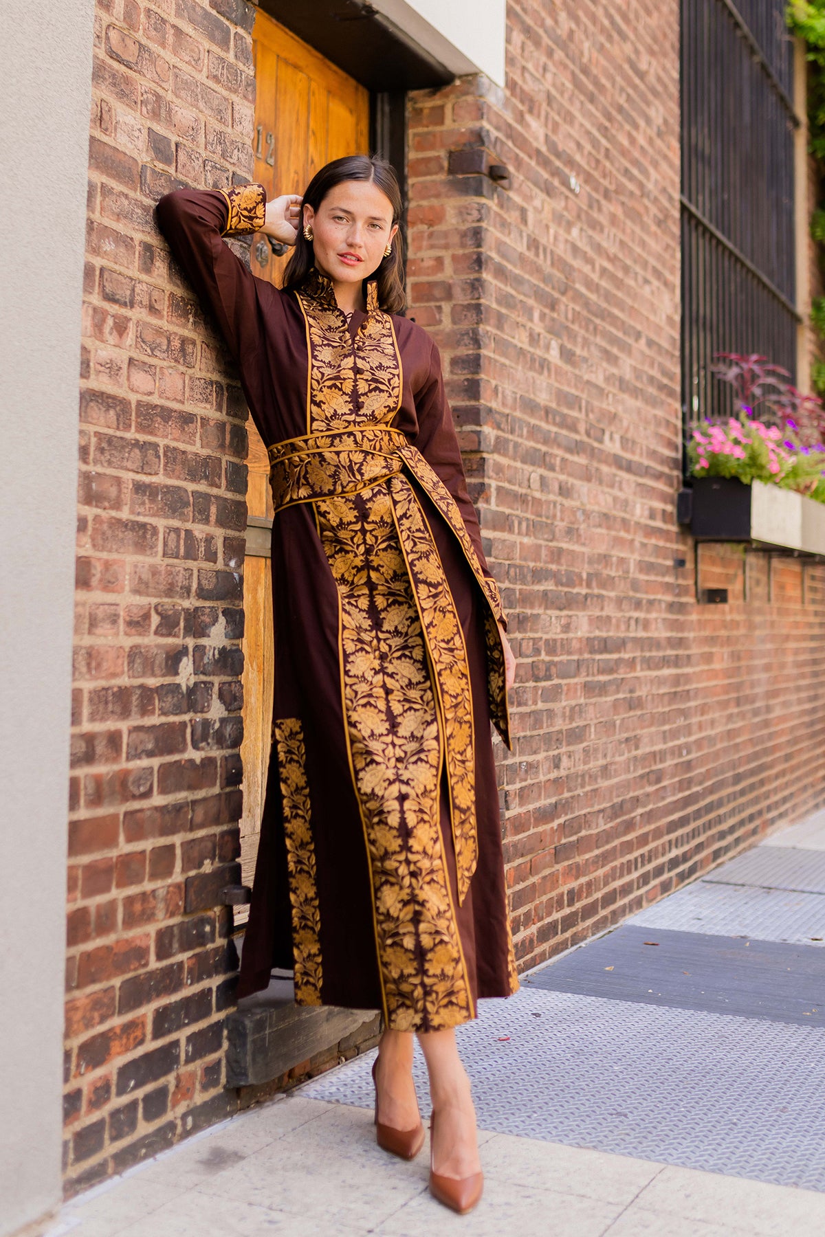 Marrakech Kaftan | Chocolate/Honey Vintage Lily Embroidery
