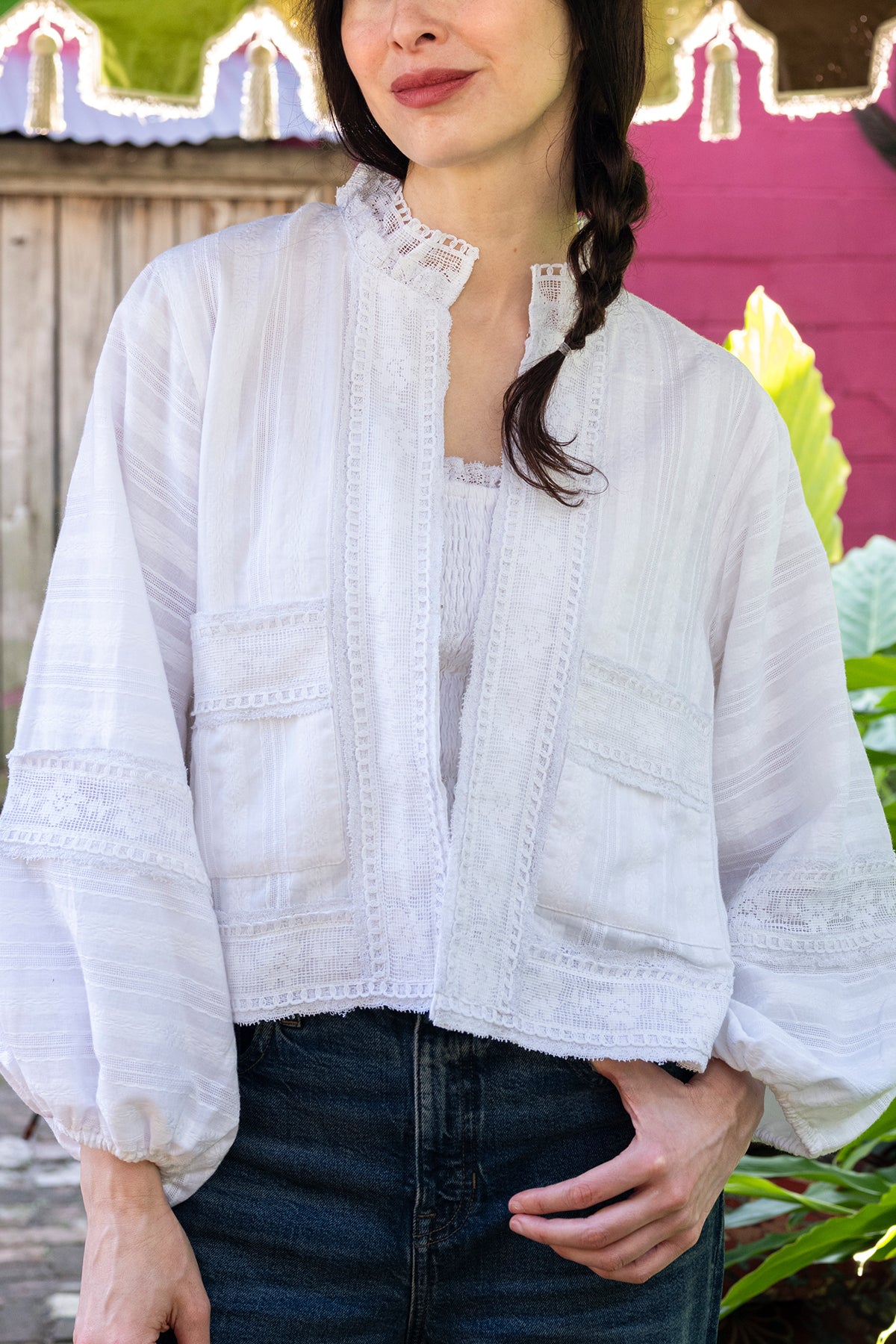 Blouson Jacket | White Cotton Floral Lace