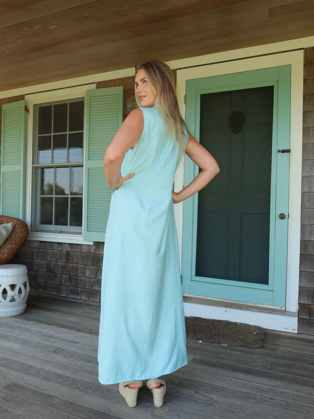 McBournie Richards Home x SUE SARTOR Sleeveless Marrakech Kaftan | Antique Gold Seaweed Embroidery on Seaglass 100% Hand-Loom Silk
