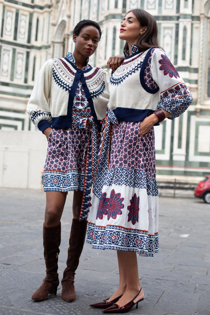 SUE SARTOR Flounce Shorty | Burgundy/Navy Piazza