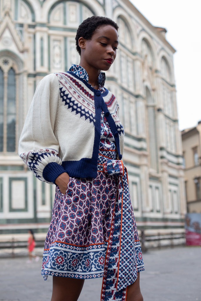 SUE SARTOR Flounce Shorty | Burgundy/Navy Piazza