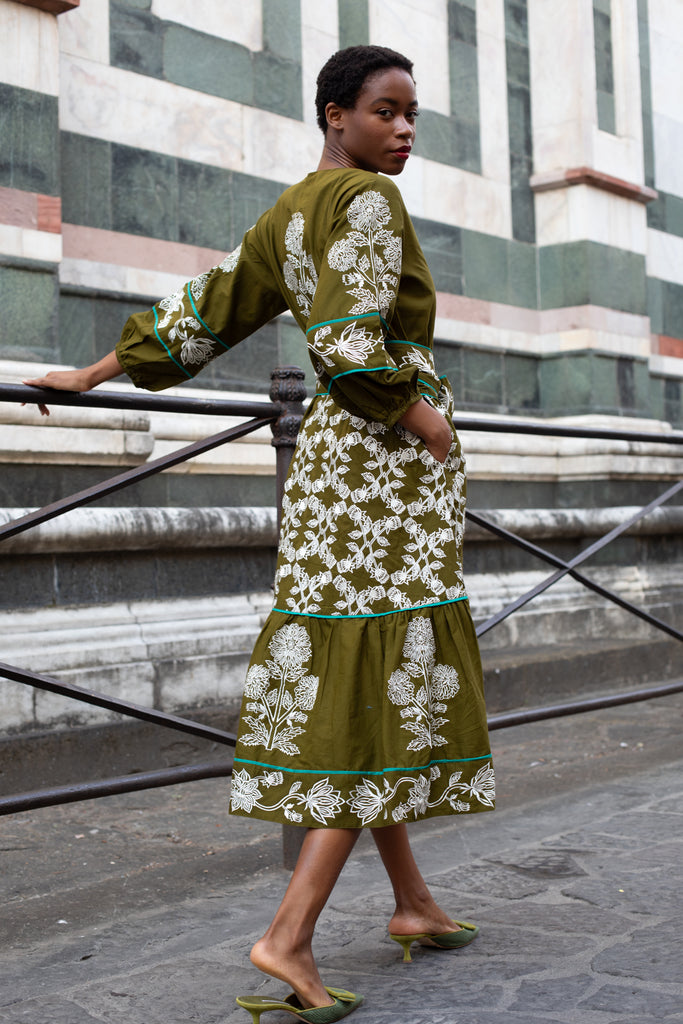 Jewel Neck SUE SARTOR Flounce | Olive/Ivory Fall Blooms Embroidery