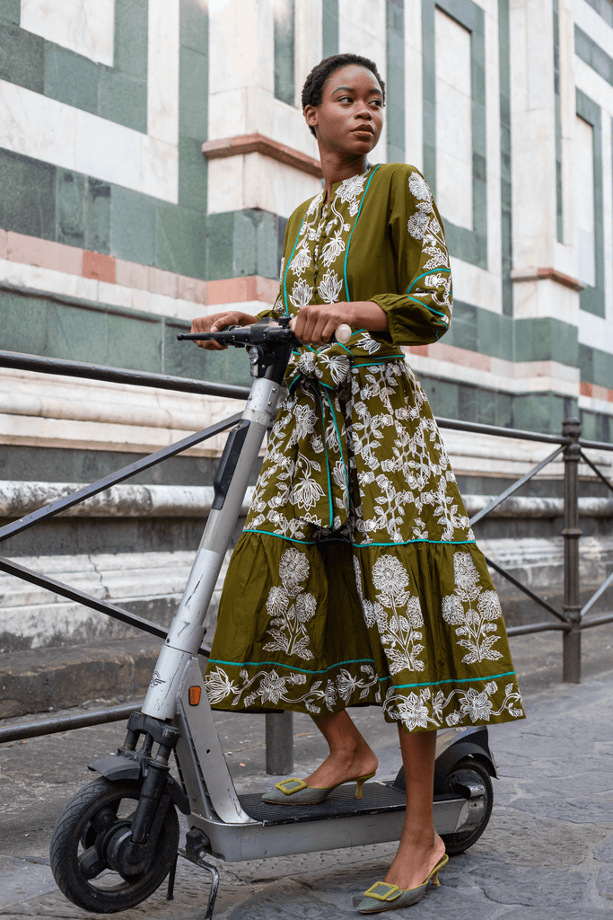 Jewel Neck SUE SARTOR Flounce | Olive/Ivory Fall Blooms Embroidery