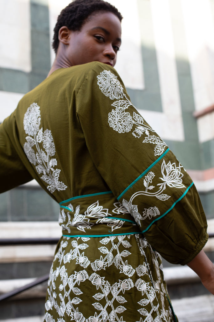 Jewel Neck SUE SARTOR Flounce | Olive/Ivory Fall Blooms Embroidery