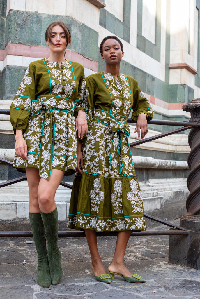 Jewel Neck SUE SARTOR Flounce | Olive/Ivory Fall Blooms Embroidery