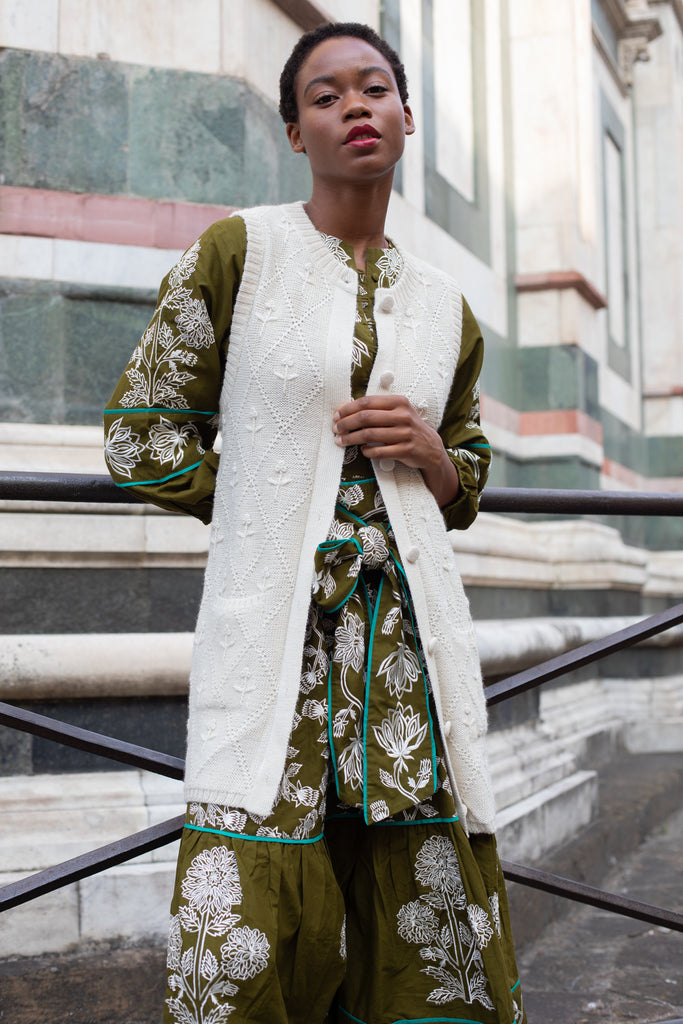 Jewel Neck SUE SARTOR Flounce | Olive/Ivory Fall Blooms Embroidery