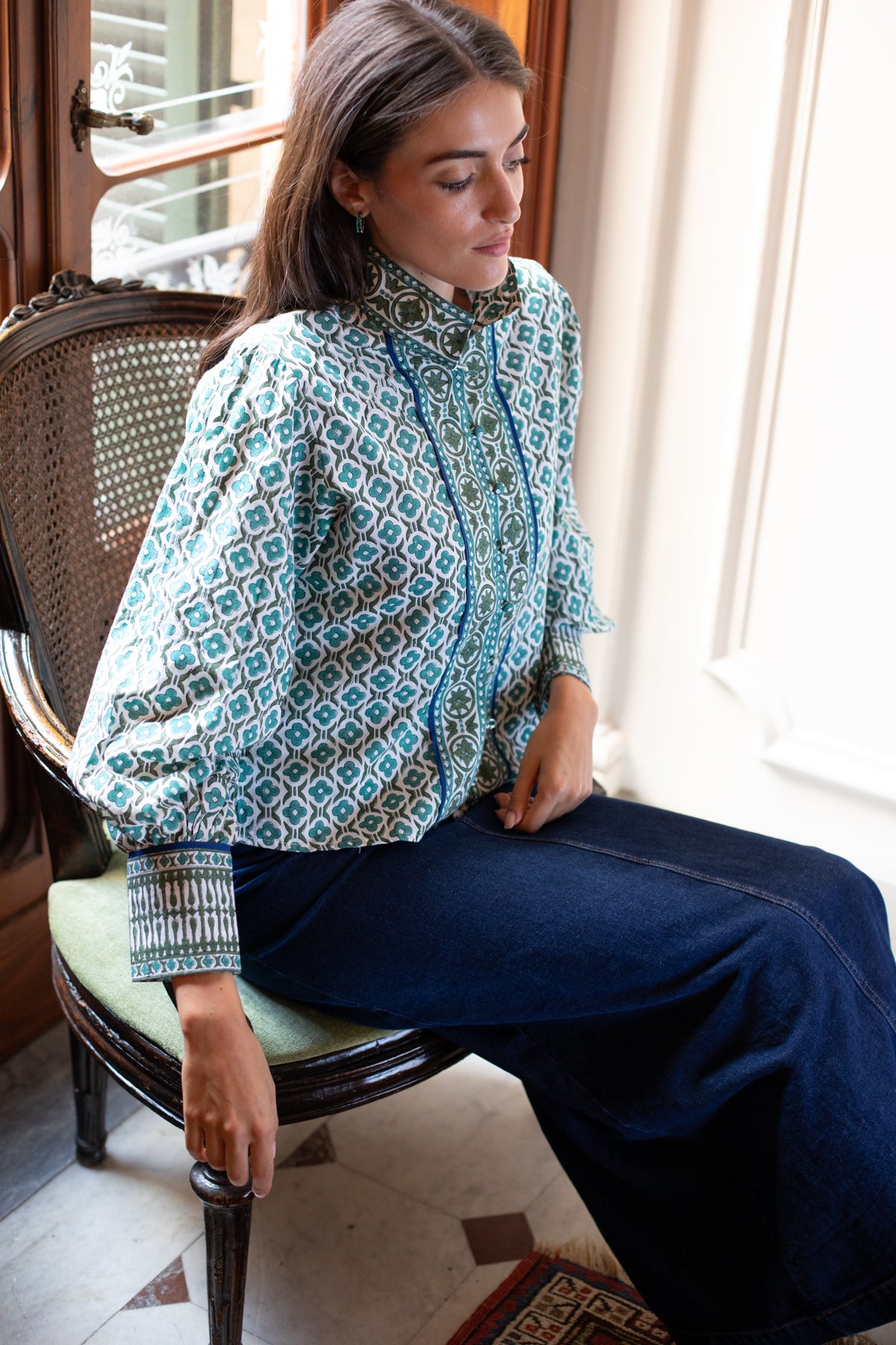 Boxy Balloon Sleeve Top | Verdigris Fiore