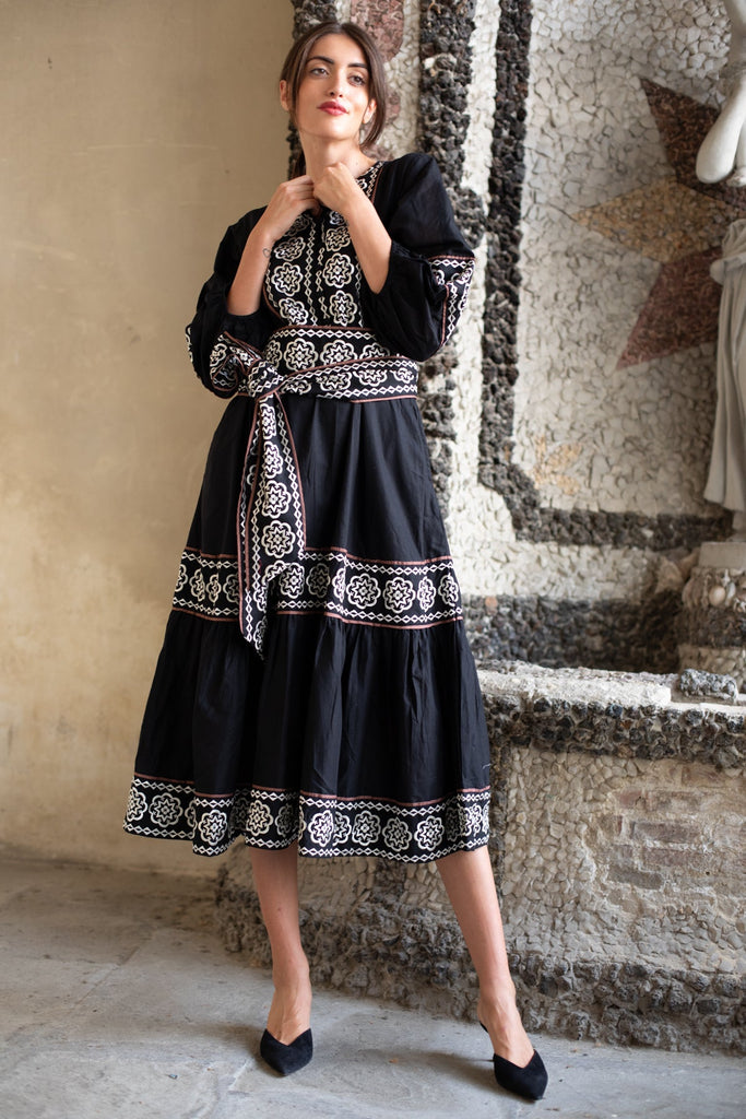 Jewel Neck SUE SARTOR Flounce | Black/Ivory Piazza Embroidery