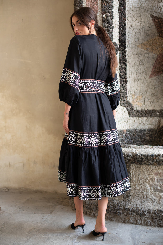 Jewel Neck SUE SARTOR Flounce | Black/Ivory Piazza Embroidery