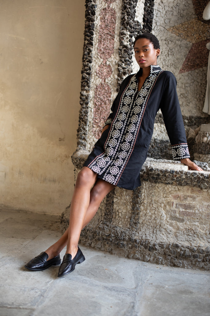Marrakech Kaftan Short | Black/Ivory Piazza Embroidery