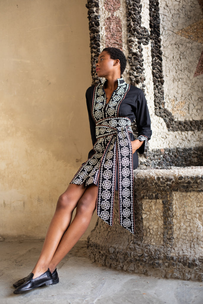 Marrakech Kaftan Short | Black/Ivory Piazza Embroidery