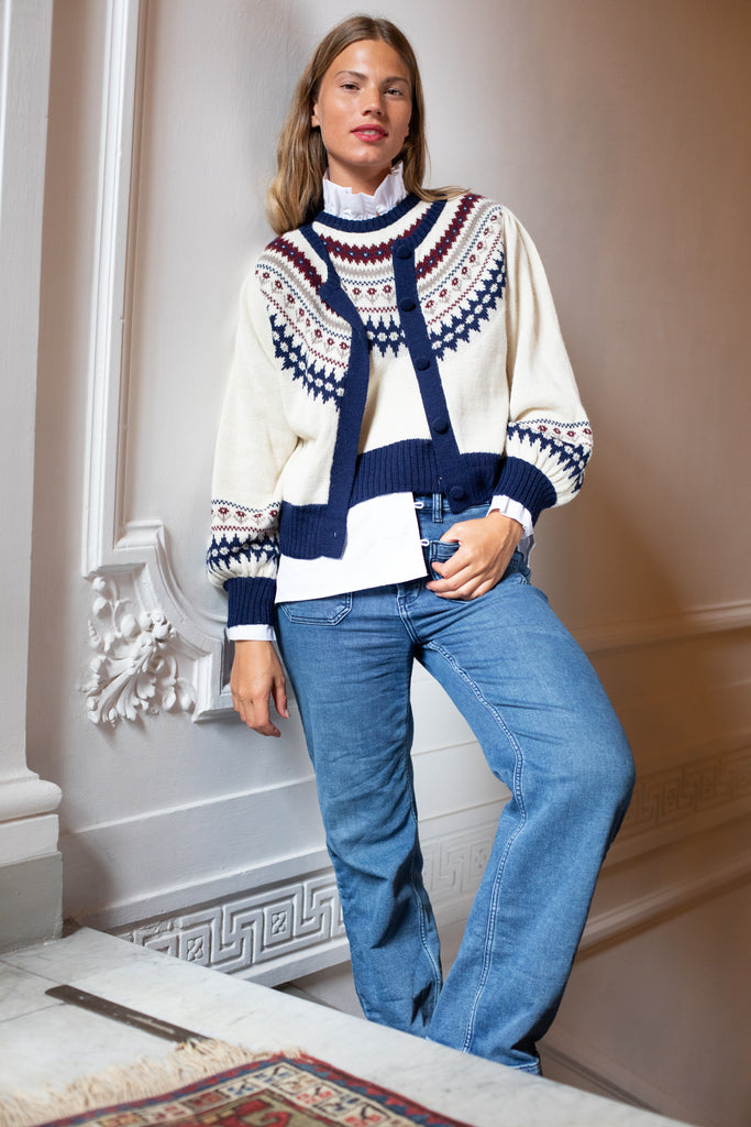 Barrel Sleeve Cardigan | Navy/Burgundy/Ivory Fair Isle