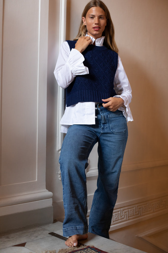 Boxy Vest | Navy Trellis