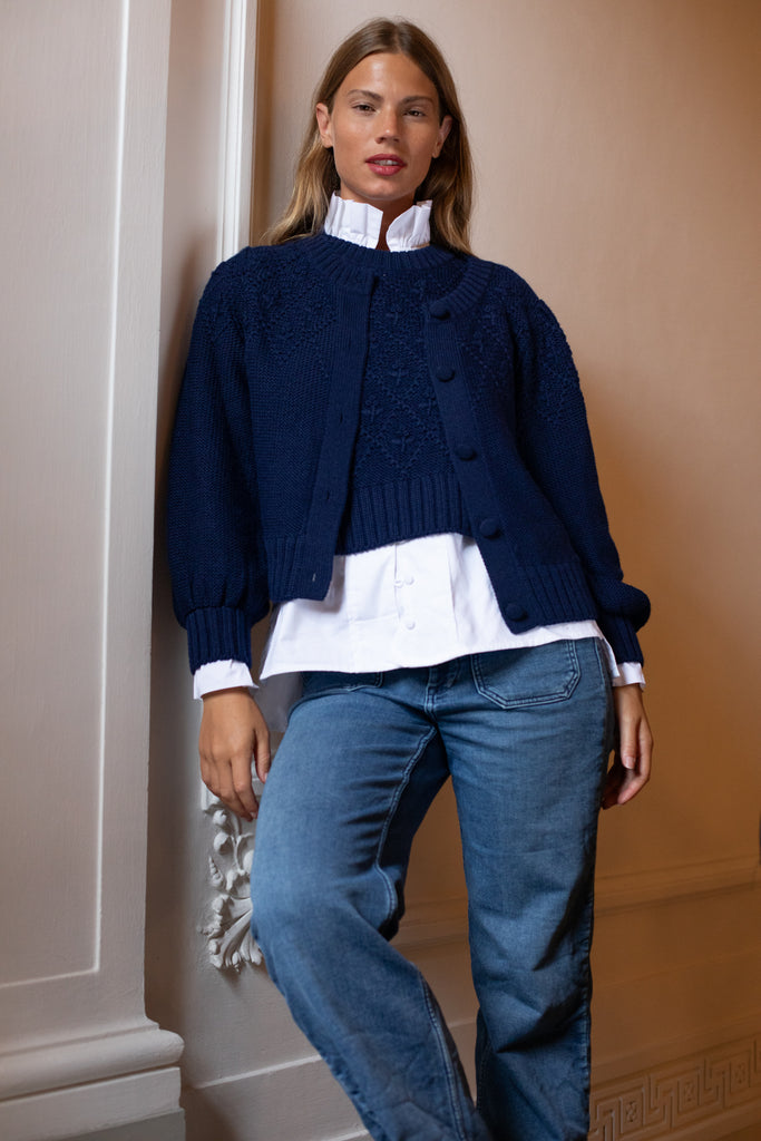 Barrel Sleeve Cardigan | Navy Trellis