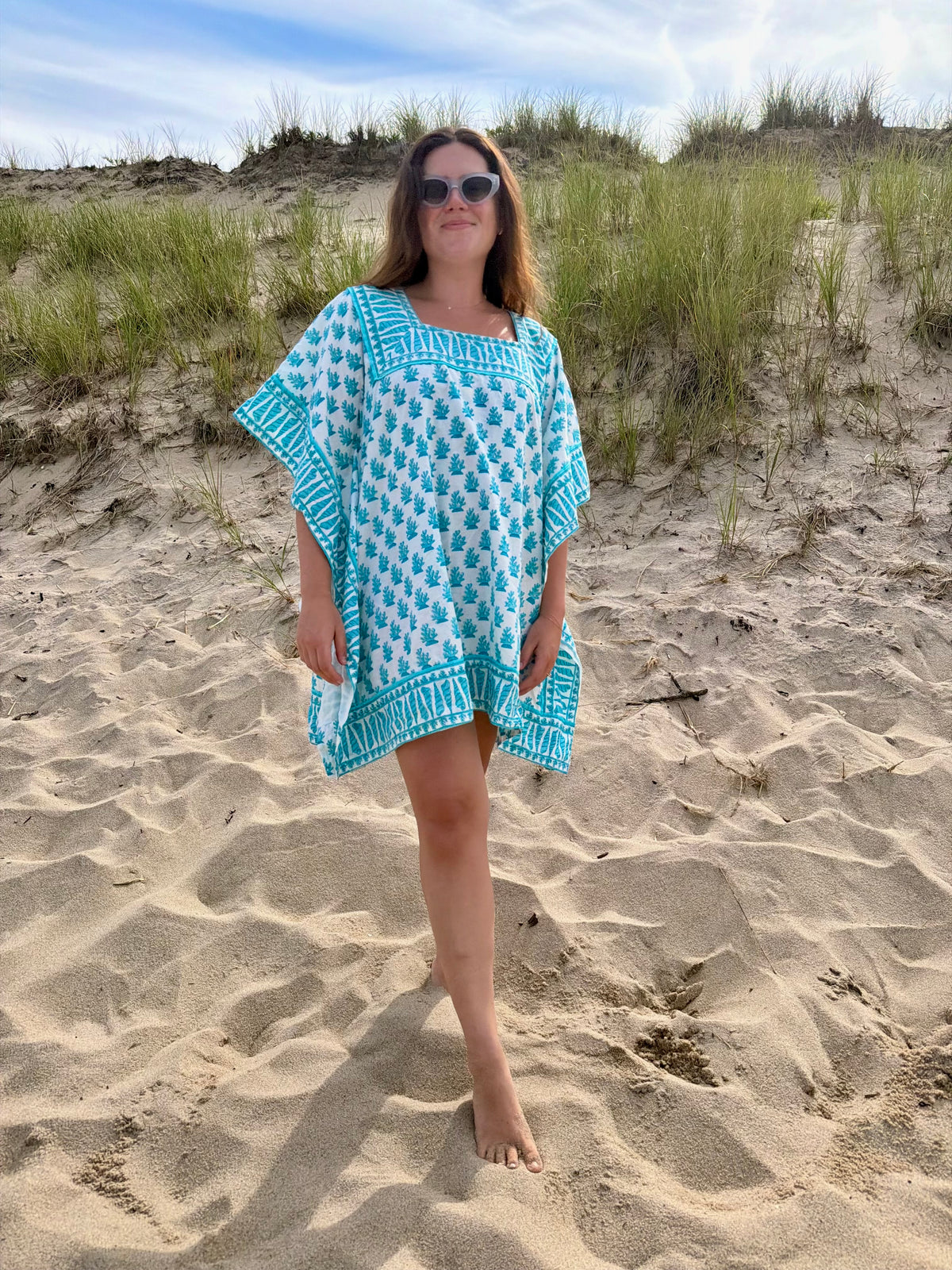 Square Neck Beach Kaftan Short | Azure Blue Coral
