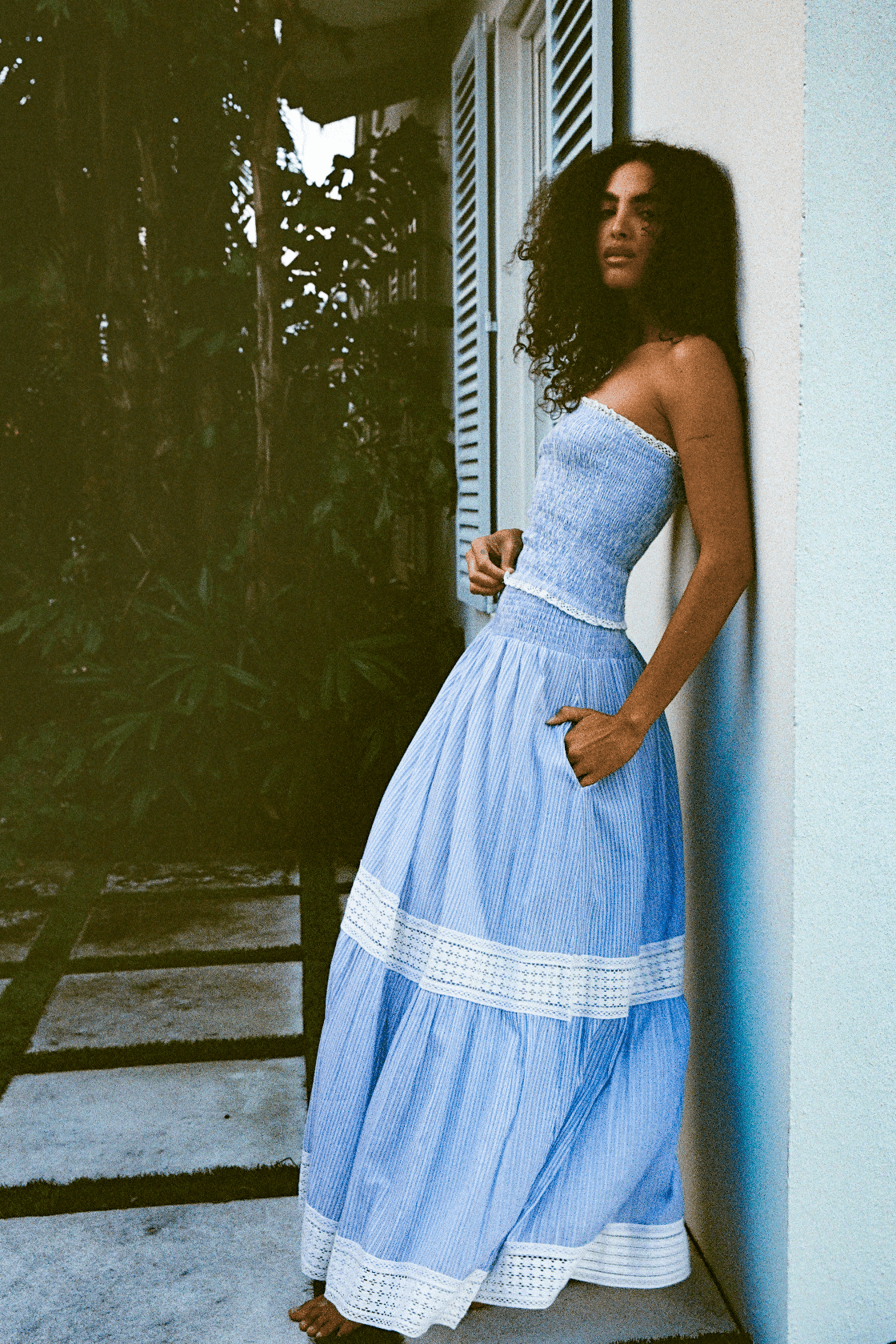 SUE SARTOR Flounce Smocked Waist Skirt | Blue/White Pinstripe Trellis Lace
