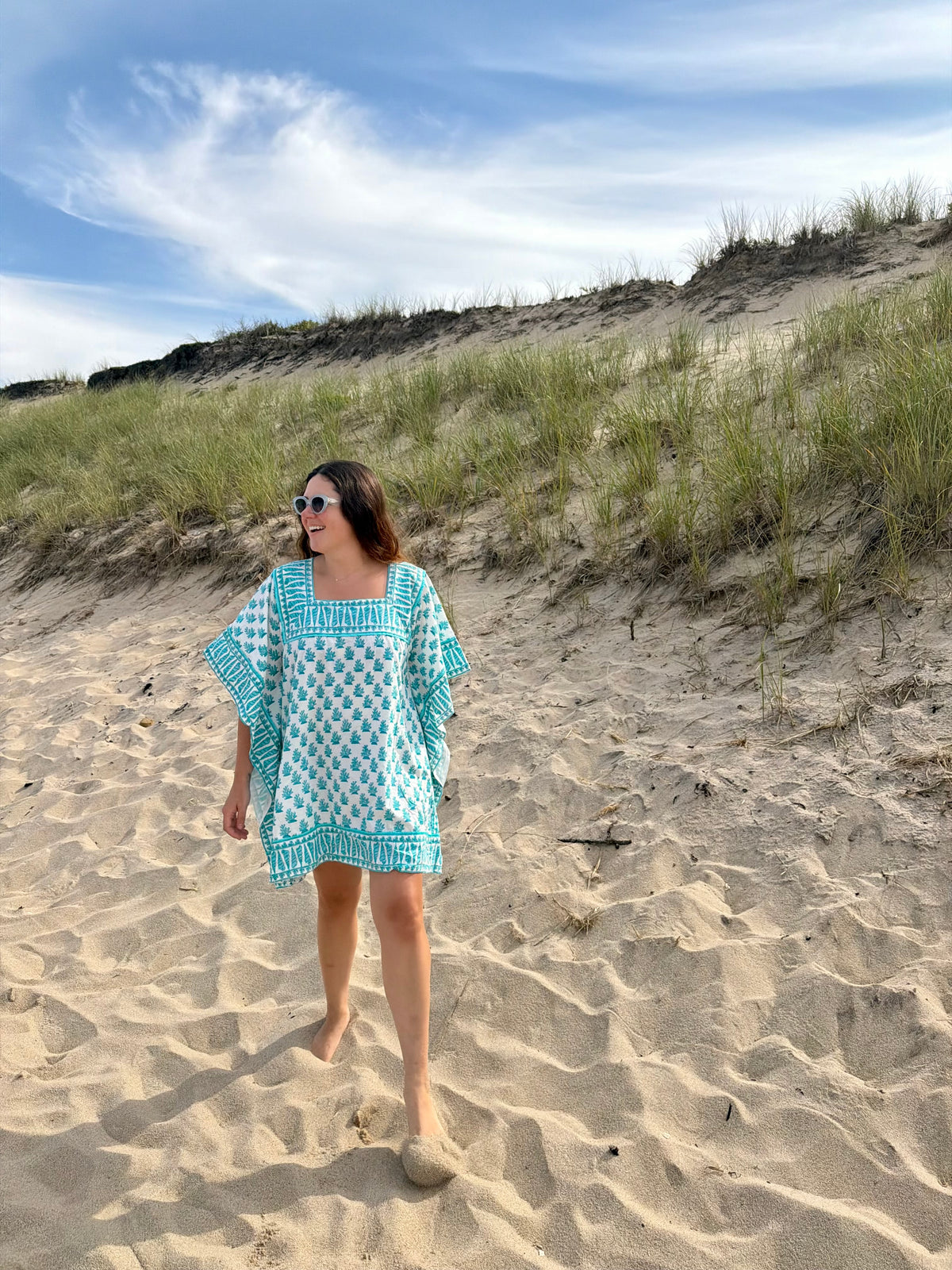 Square Neck Beach Kaftan Short | Azure Blue Coral