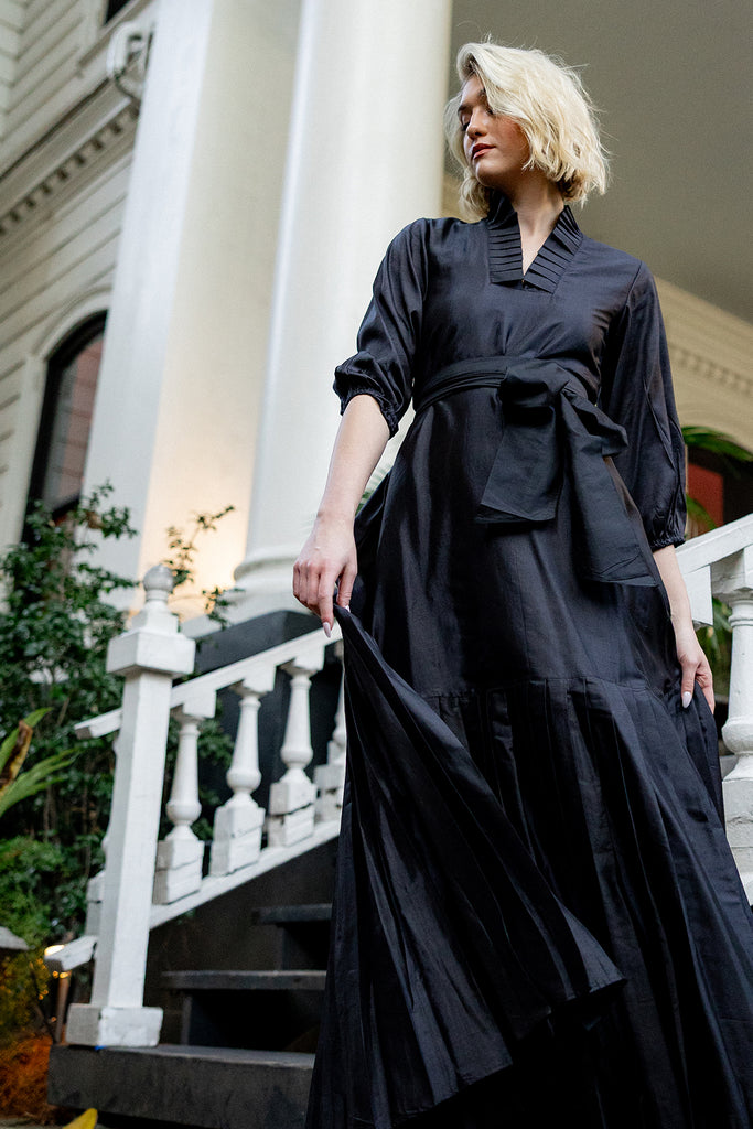 Pleated SUE SARTOR Flounce Gown | Black Silk Taffeta