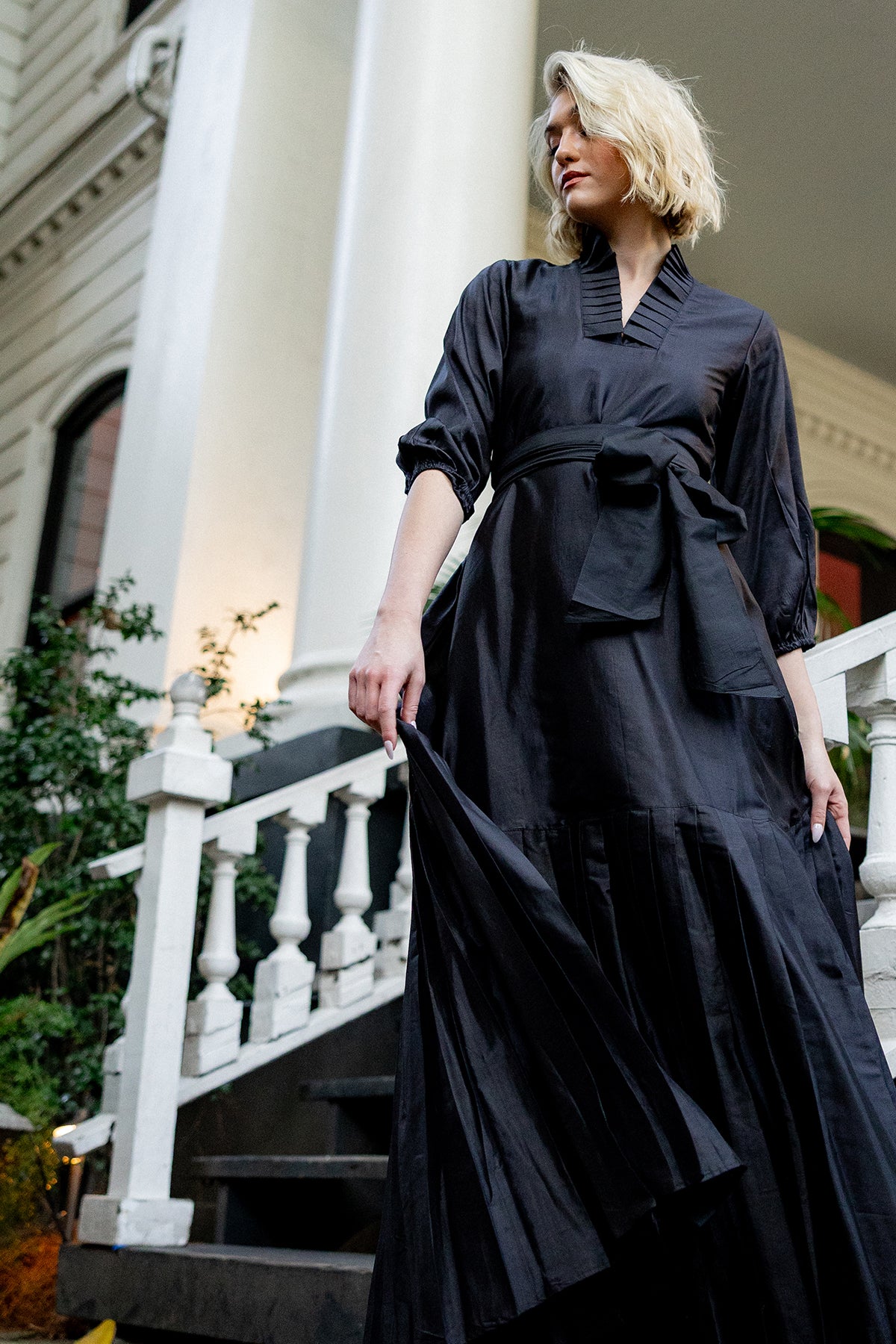 Pleated SUE SARTOR Flounce Gown