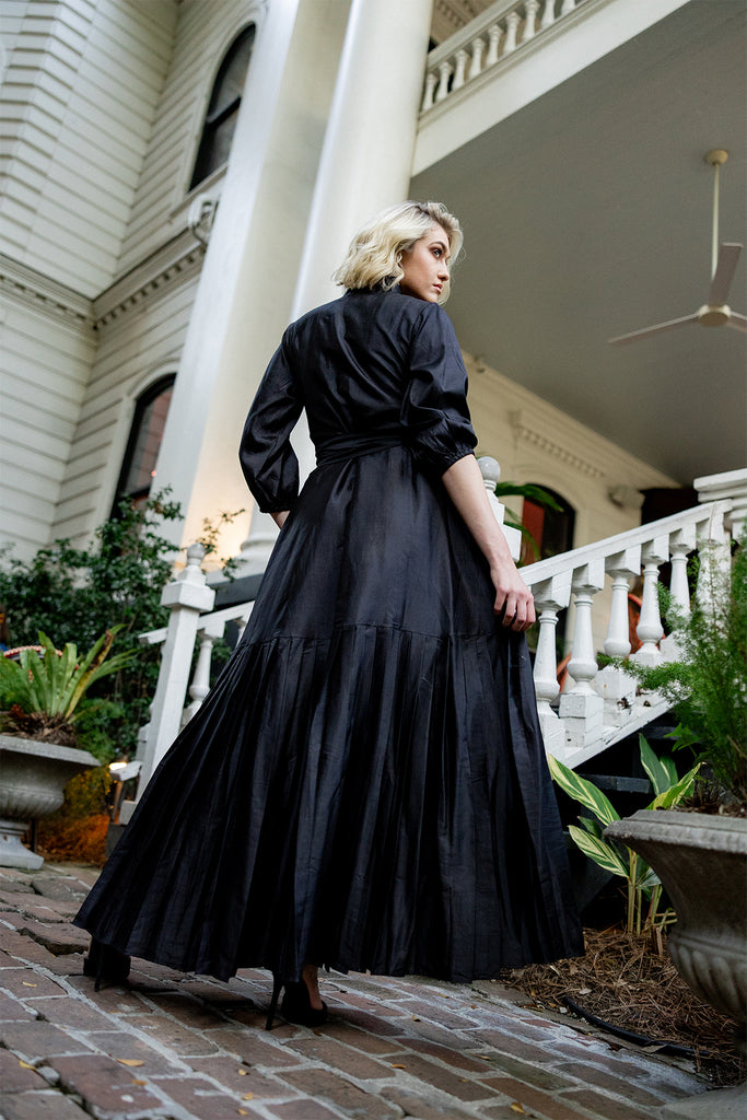 Pleated SUE SARTOR Flounce Gown | Black Silk Taffeta