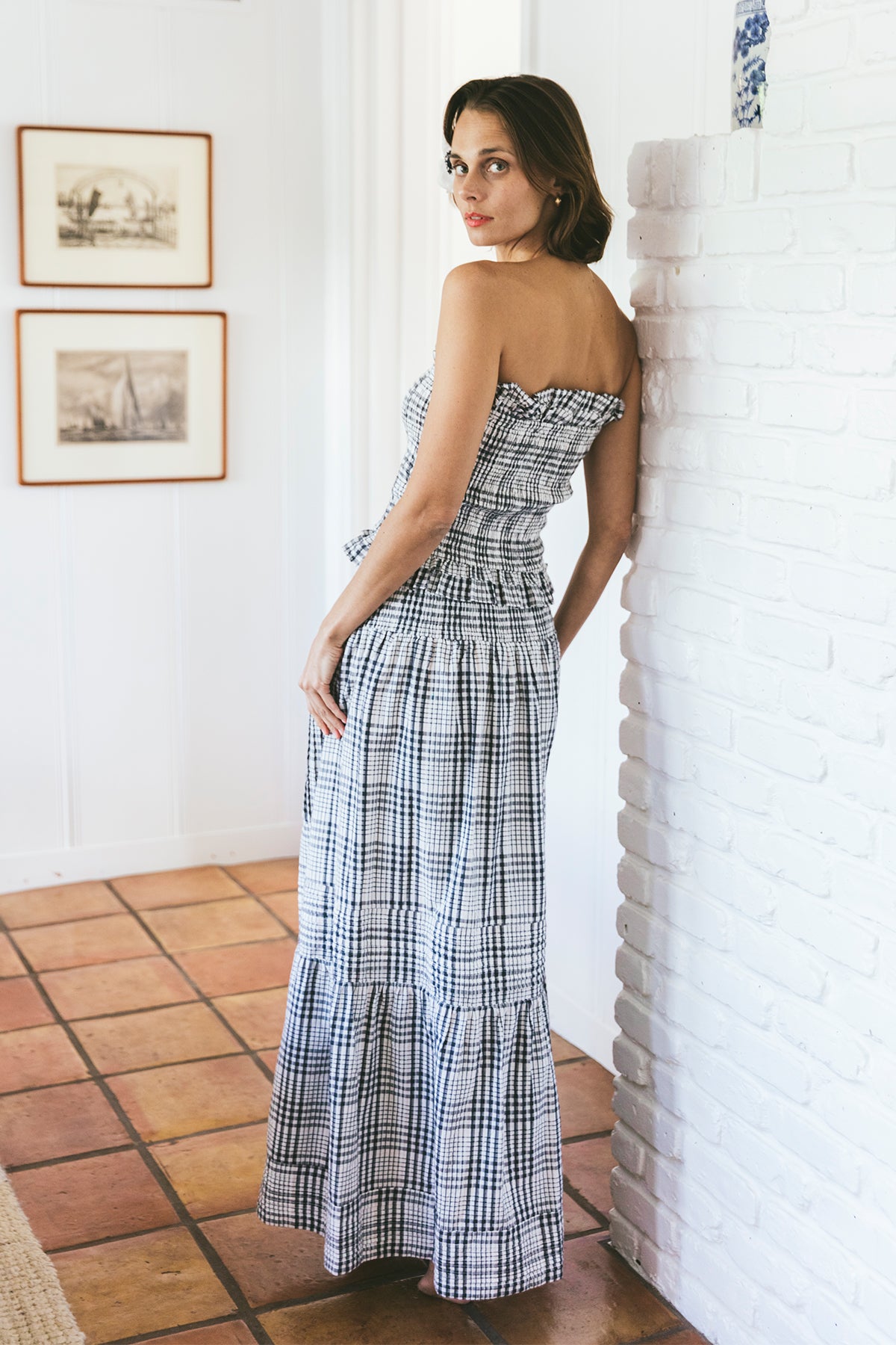 Strapless Bandeau Top | Noir et Blanc Cannes Windowpane