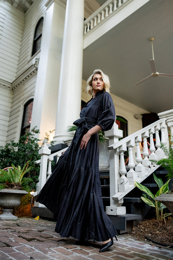 Pleated SUE SARTOR Flounce Gown | Black Silk Taffeta