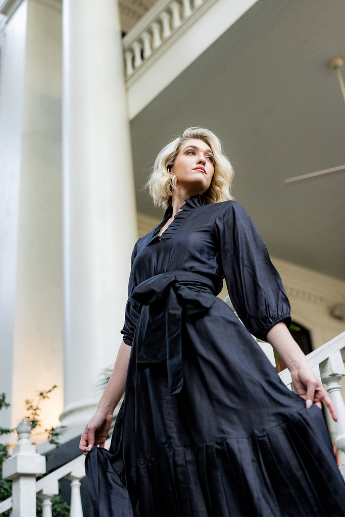 Pleated SUE SARTOR Flounce Gown | Black Silk Taffeta XS Pleated SUE SARTOR Flounce Gown | Black Silk Taffeta XS