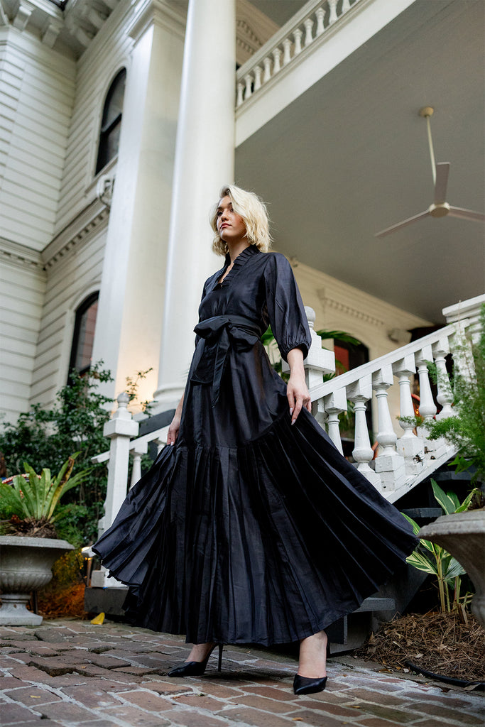 Pleated SUE SARTOR Flounce Gown | Black Silk Taffeta Pleated SUE SARTOR Flounce Gown | Black Silk Taffeta