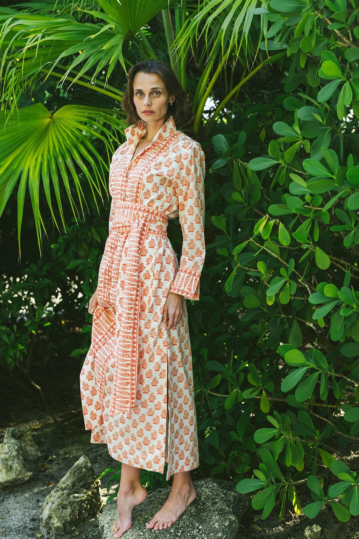 Caftan long à col cintré | Coquille Saint-Jacques péridot/corail mou